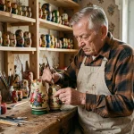 Artisan russe âgé peignant à la main une poupée matriochka dans son atelier traditionnel, entouré de pigments et de poupées en bois
