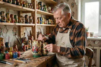 Artisan russe âgé peignant à la main une poupée matriochka dans son atelier traditionnel, entouré de pigments et de poupées en bois