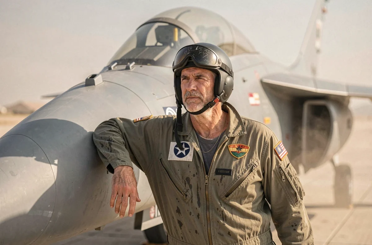 Pilote de chasse appuyé contre un avion de combat sur base aérienne désertique, atmosphère Top Gun 3
