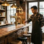Barman dans un bar chaleureux de Lille avec fenêtres embuées sous la pluie