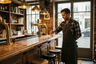 Barman dans un bar chaleureux de Lille avec fenêtres embuées sous la pluie