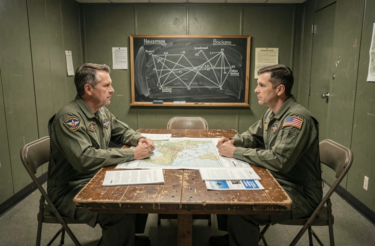 Deux pilotes de l'US Navy en briefing tactique autour de cartes de mission, ambiance Top Gun 3