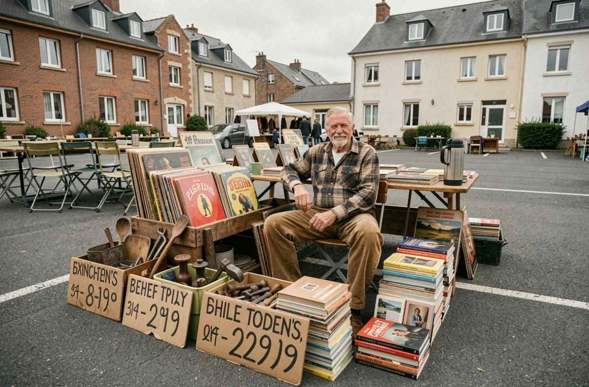 Vendeur brocanteur derrière son stand de vinyles et outils anciens dans un marché 78