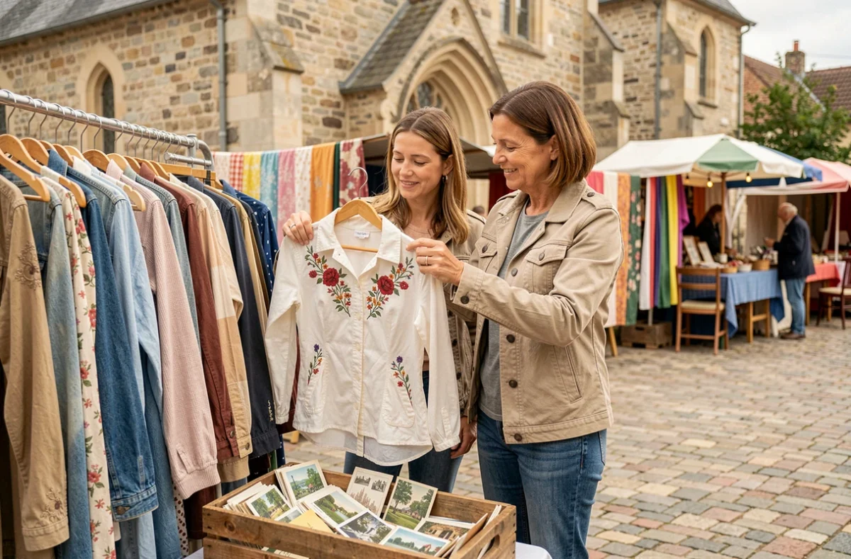 Deux femmes chinant des vêtements vintage et cartes postales à une brocante en village des Yvelines