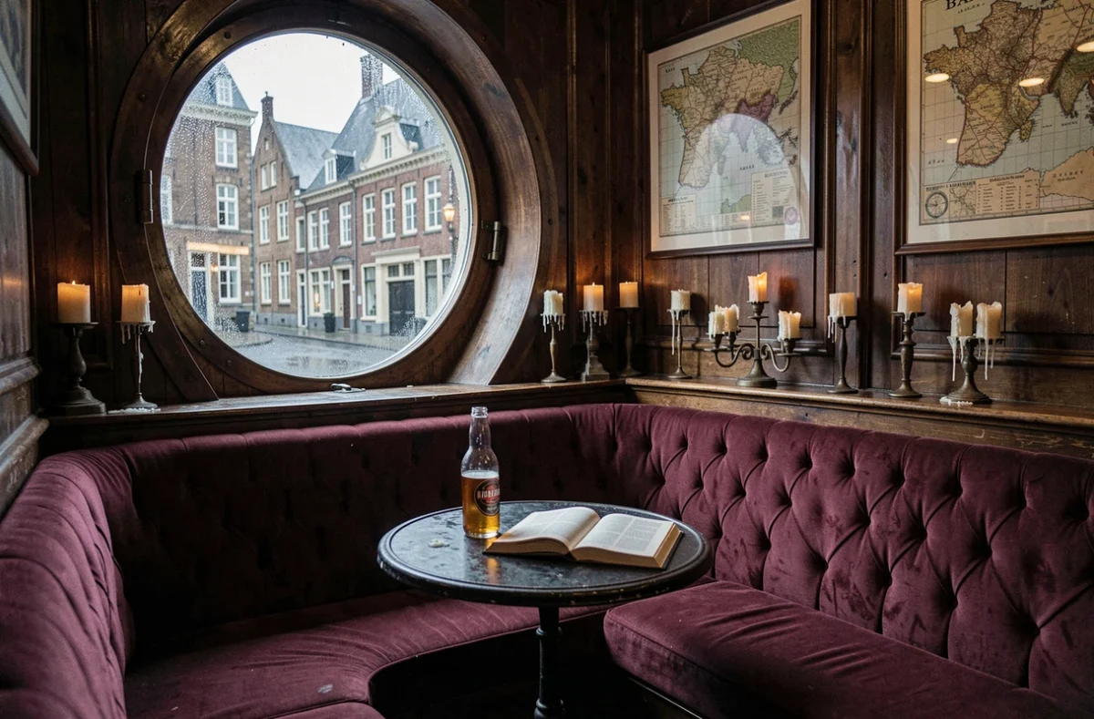 Coin cosy avec banquette et bière artisanale dans un bar de Lille sous la pluie