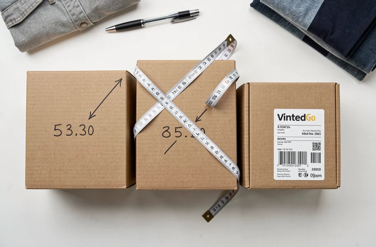 Vue de dessus de trois cartons de tailles différentes avec dimensions mesurées pour envoi Vinted Go