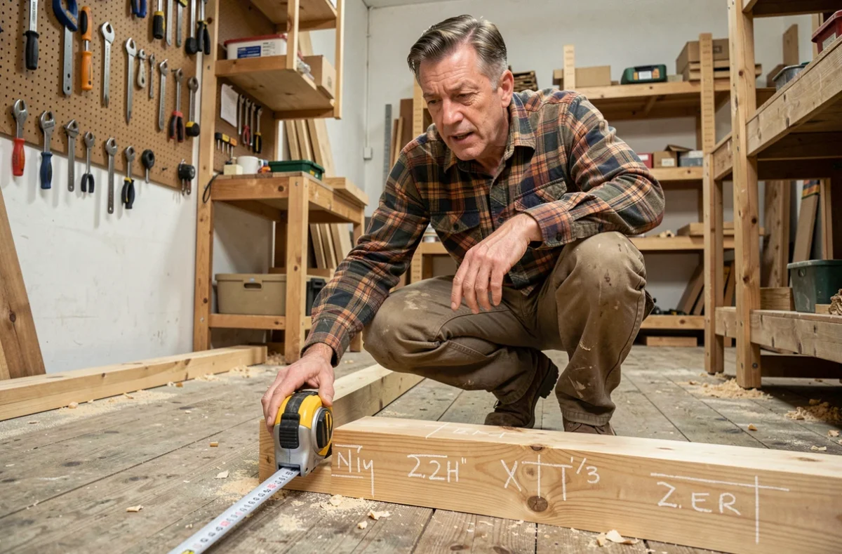 Homme mesurant une planche en bois avec un mètre ruban dans un atelier de bricolage, conversion yards mètres