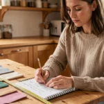 Femme convertissant des yards en mètres avec un mètre ruban et un carnet de notes sur une table en bois