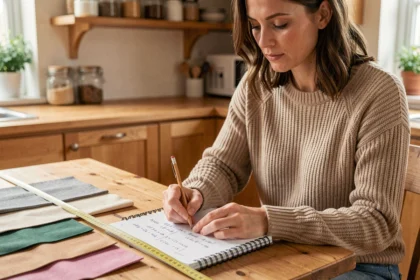 Femme convertissant des yards en mètres avec un mètre ruban et un carnet de notes sur une table en bois