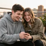 Couple de jeunes adultes regardant un smartphone ensemble sur un toit urbain moderne, illustrant la vie de couple sous le regard des réseaux sociaux