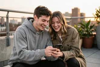 Couple de jeunes adultes regardant un smartphone ensemble sur un toit urbain moderne, illustrant la vie de couple sous le regard des réseaux sociaux