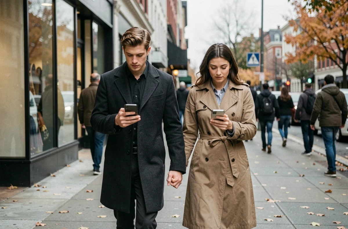 Couple marchant dans la rue en consultant chacun leur téléphone, symbolisant l'omniprésence des réseaux sociaux dans les relations amoureuses modernes