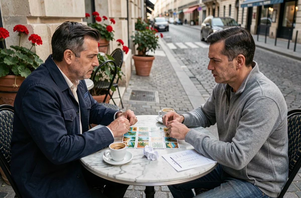 Deux hommes jouant au jeu de cartes Palmier en version deux joueurs à la terrasse d'un café parisien avec cartes et cafés sur la table