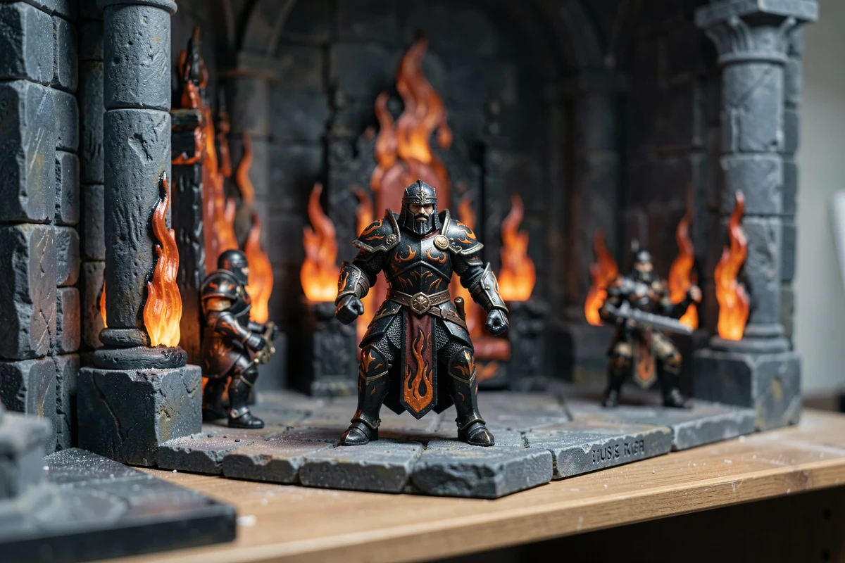 Diorama miniature de salle du trône fantastique avec figurines en armure sombre et décor de flammes peintes à la main