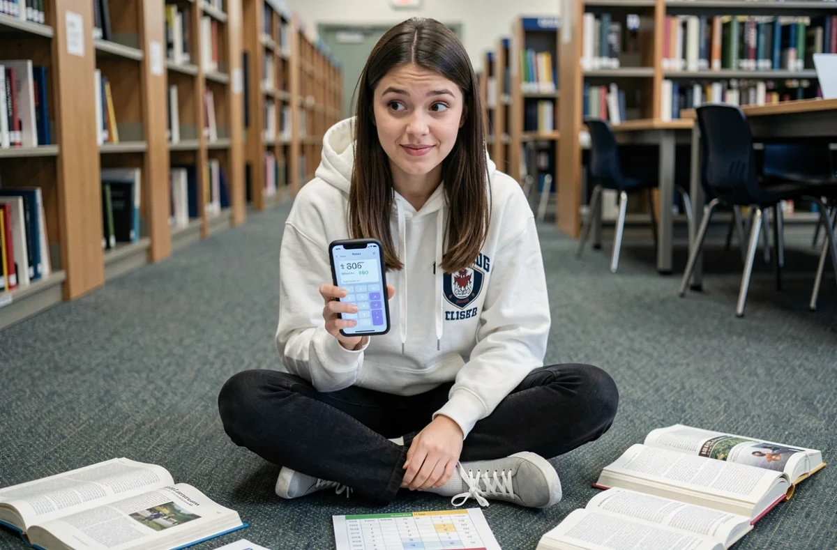 Étudiante convertissant des yards en mètres avec une calculatrice sur smartphone et un tableau de conversion imprimé en bibliothèque