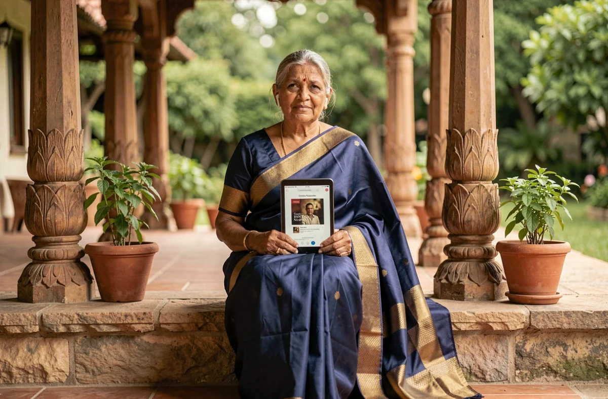 Femme âgée en sari traditionnel écoutant un livre audio hindou sur une véranda avec des plantes de tulsi