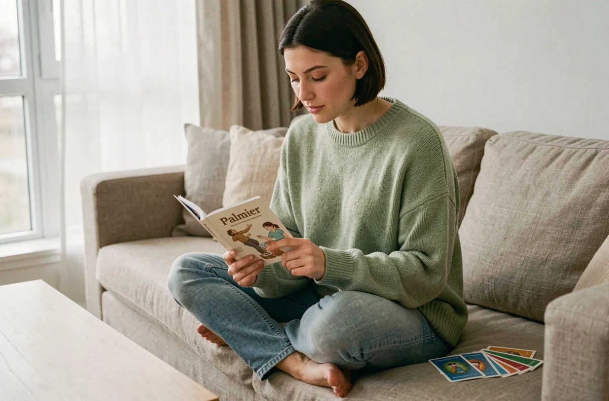 Jeune femme lisant les règles du jeu de cartes Palmier sur un canapé en lin beige, appartement minimaliste scandinave