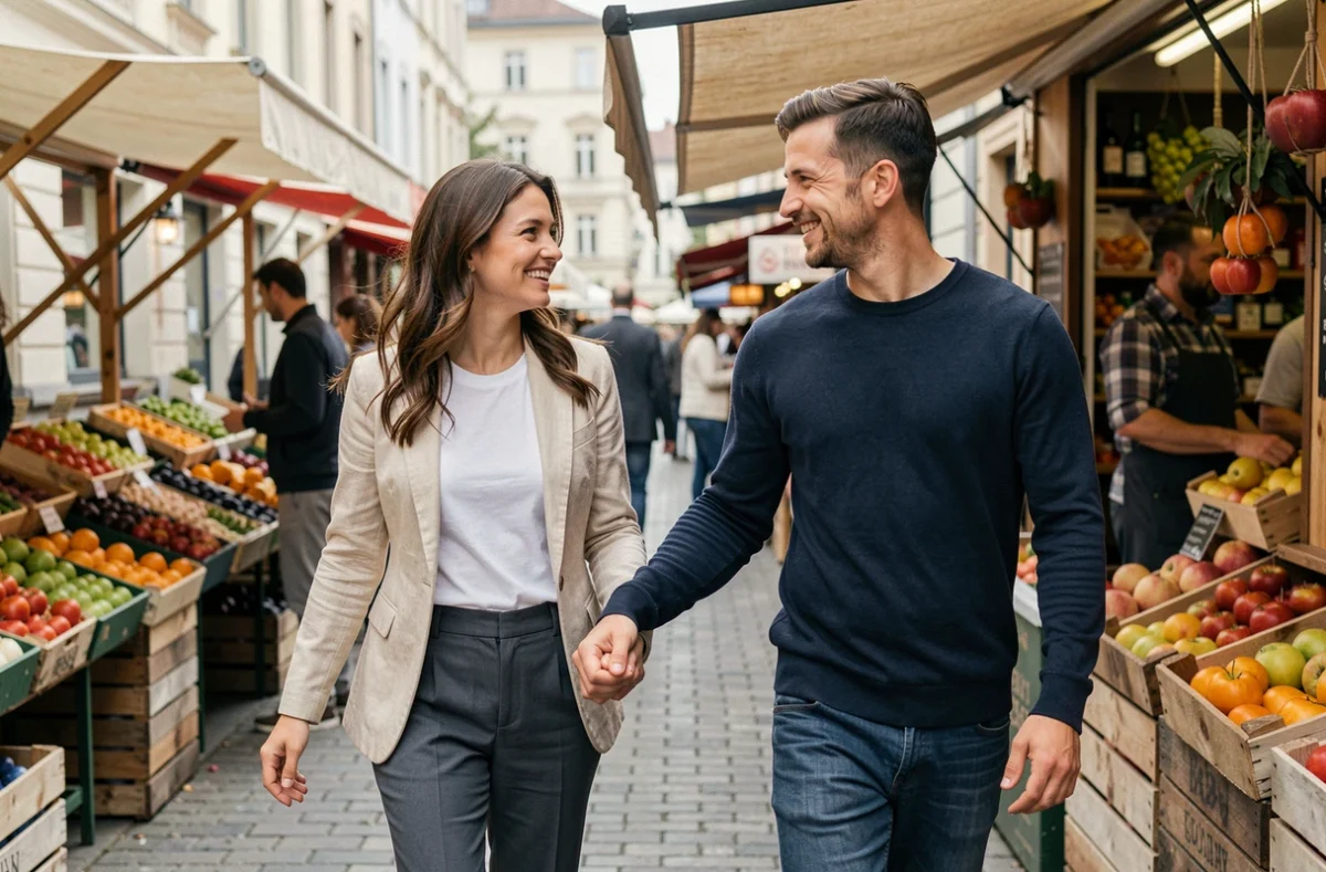 Une femme aventurière entraîne un homme Vierge hors de sa zone de confort au marché