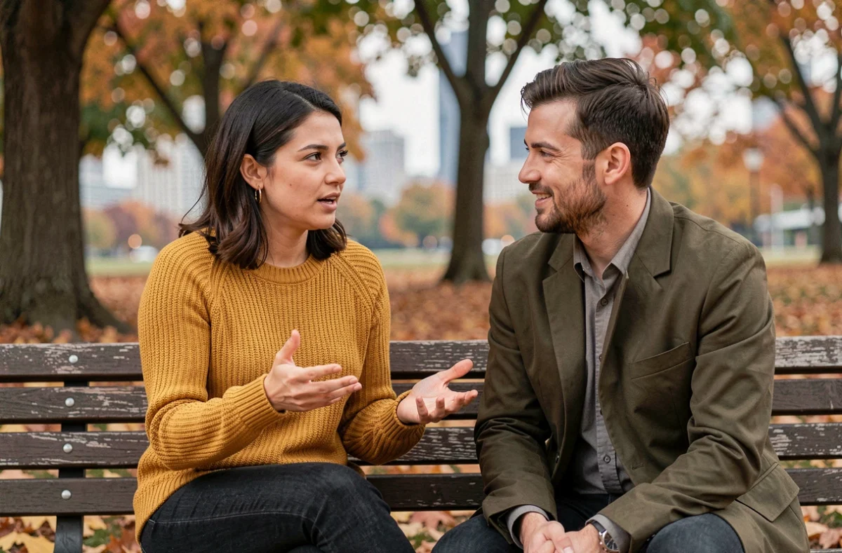 Une femme expressive et un homme Vierge attentif partageant un moment complice dans un parc en automne
