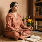 Femme indienne écoutant un livre audio hindou sur un tapis de jute avec des textes sacrés en arrière-plan