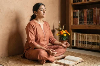 Femme indienne écoutant un livre audio hindou sur un tapis de jute avec des textes sacrés en arrière-plan