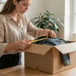 Femme mesurant les dimensions d'un colis Vinted Go avec un mètre ruban dans une cuisine moderne