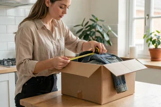 Femme mesurant les dimensions d'un colis Vinted Go avec un mètre ruban dans une cuisine moderne