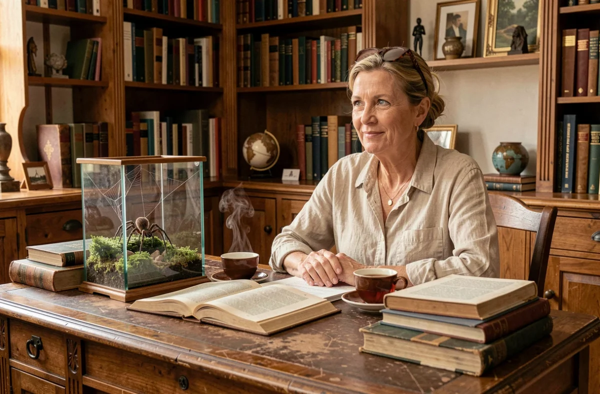 Femme explorant la signification de l'araignée du soir dans des livres de folklore et de sciences naturelles