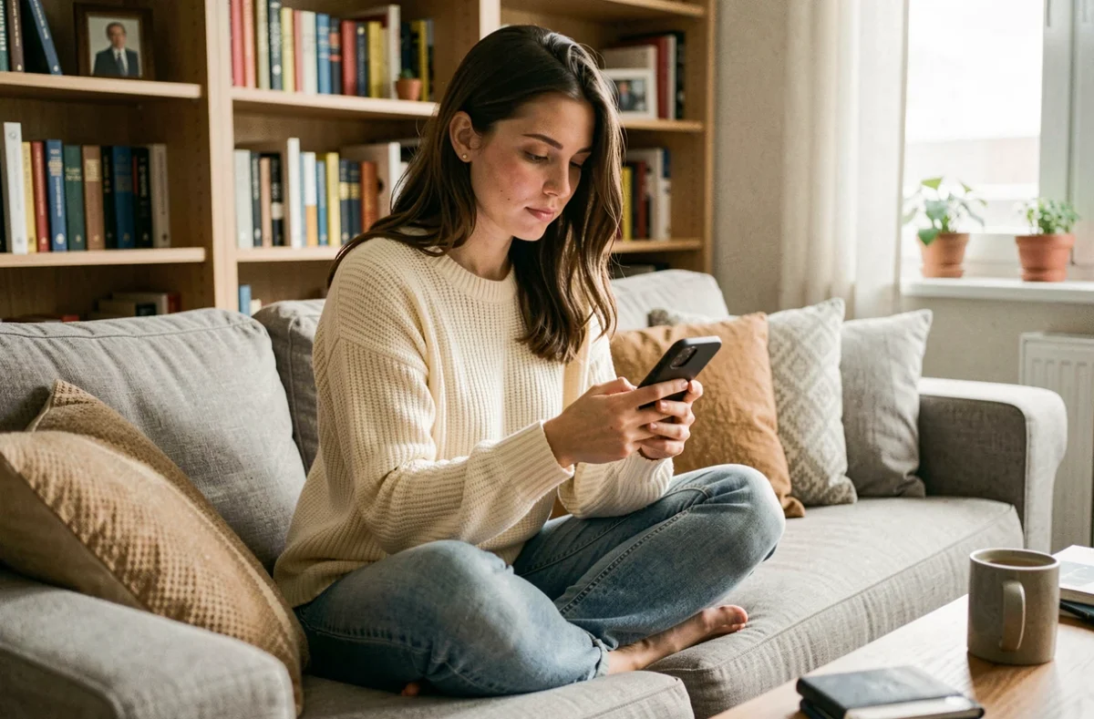 Jeune femme consultant les réseaux sociaux sur son téléphone dans un appartement, représentant l'influence des médias sociaux sur la perception des relations amoureuses