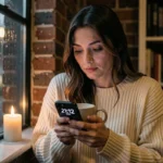 Femme seule regardant son téléphone affichant 21h12 près d'une fenêtre sous la pluie, symbolisant la réflexion après une rupture amoureuse