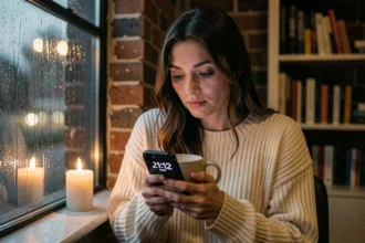 Femme seule regardant son téléphone affichant 21h12 près d'une fenêtre sous la pluie, symbolisant la réflexion après une rupture amoureuse