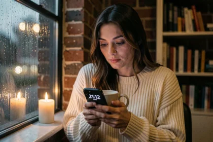Femme seule regardant son téléphone affichant 21h12 près d'une fenêtre sous la pluie, symbolisant la réflexion après une rupture amoureuse
