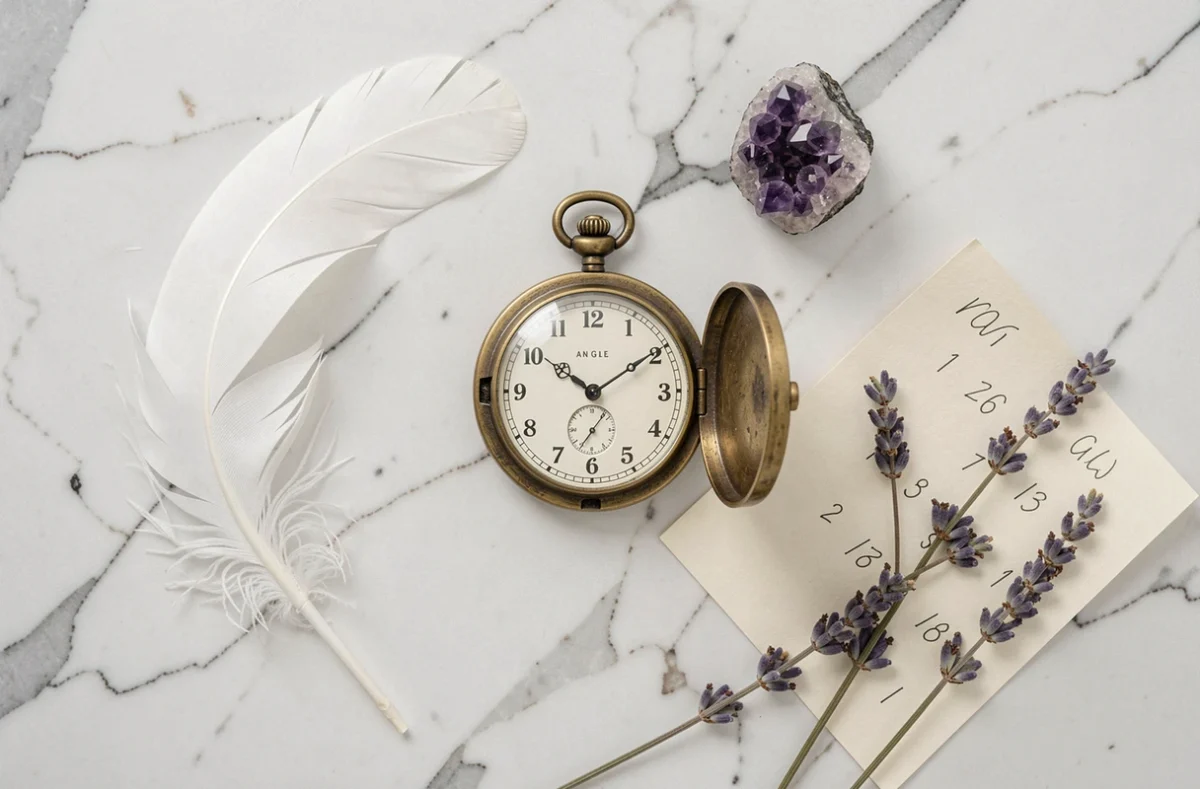 Flat lay artistique d'une montre de poche antique ouverte à 16h16 entourée d'une plume blanche, cristal d'améthyste et lavande séchée sur marbre blanc