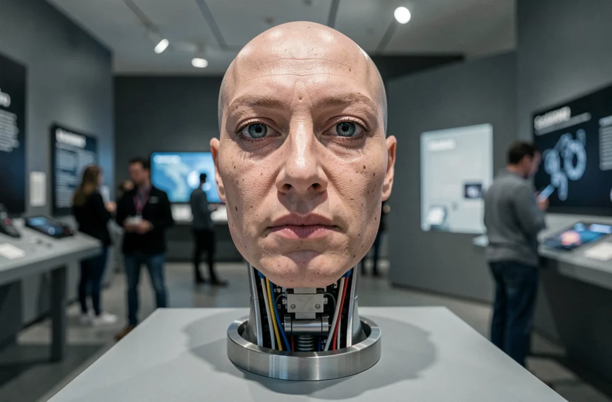 Gros plan sur la tête d'un robot androïde exposé dans un musée technologique révélant peau synthétique et mécanismes internes