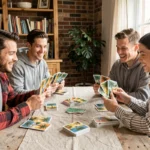 Groupe d'adultes jouant au jeu de cartes Palmier autour d'une table en bois rustique, ambiance conviviale et décontractée à la maison