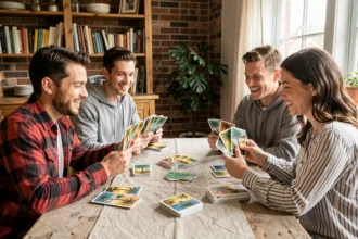 Groupe d'adultes jouant au jeu de cartes Palmier autour d'une table en bois rustique, ambiance conviviale et décontractée à la maison