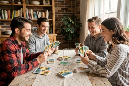 Groupe d'adultes jouant au jeu de cartes Palmier autour d'une table en bois rustique, ambiance conviviale et décontractée à la maison