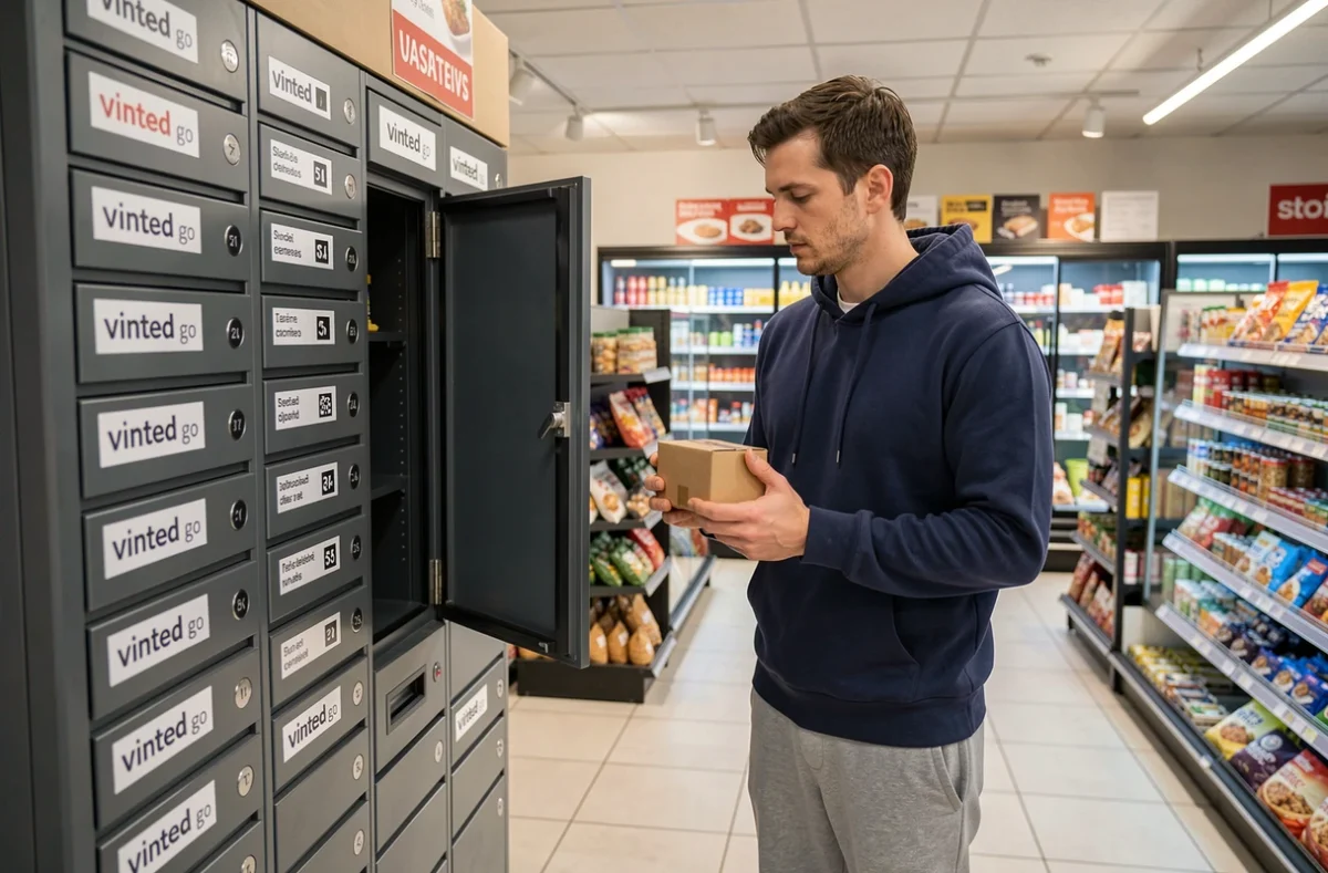 Homme déposant un colis dans une consigne Vinted Go en épicerie urbaine