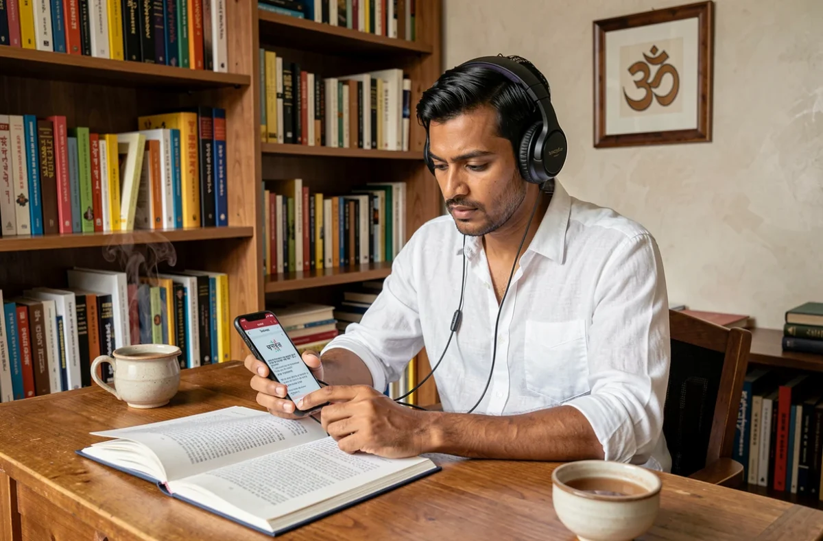Homme écoutant un livre audio sur la philosophie hindoue à son bureau avec des ouvrages de référence