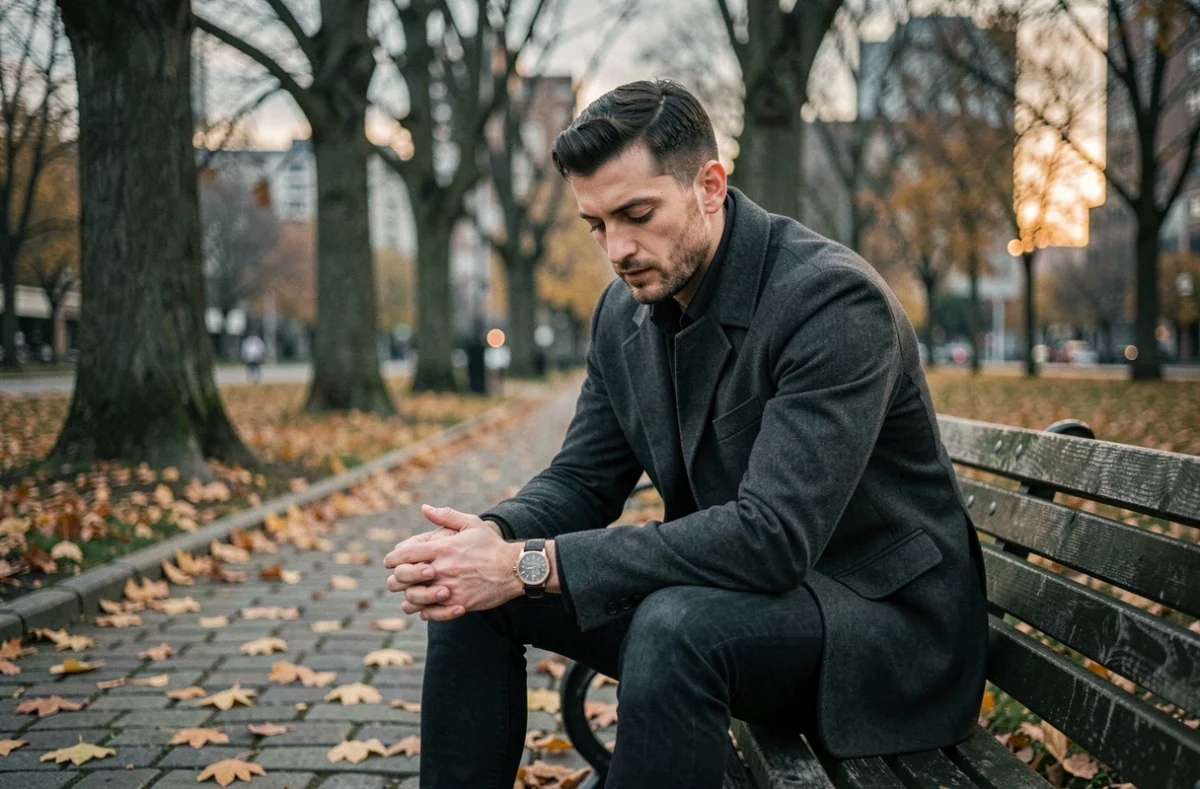 Homme pensif sur un banc de parc en automne avec une montre affichant 21h12, évoquant l'attente et la réflexion après une rupture