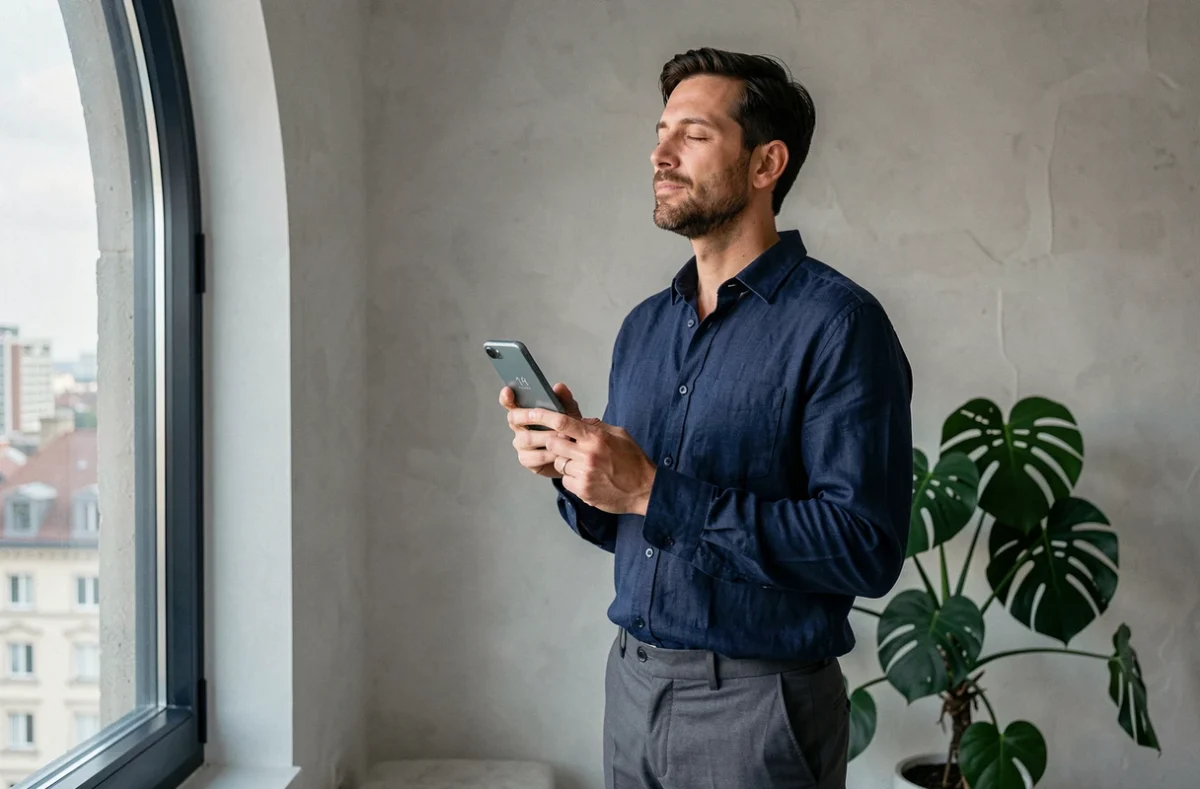Homme tenant un smartphone affichant 16h16 près d'une fenêtre en arc, expression méditative, dans un appartement minimaliste avec vue urbaine