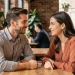 Un homme Vierge et une femme dynamique en conversation complice dans un café chaleureux