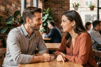 Un homme Vierge et une femme dynamique en conversation complice dans un café chaleureux
