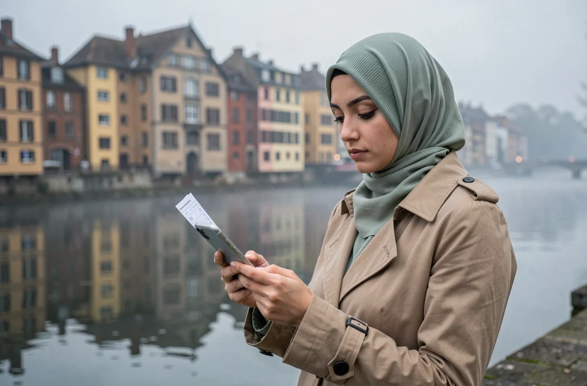 Jeune femme en hijab consultant les horaires de prière du Ramadan sur les bords de la Saône à Lyon