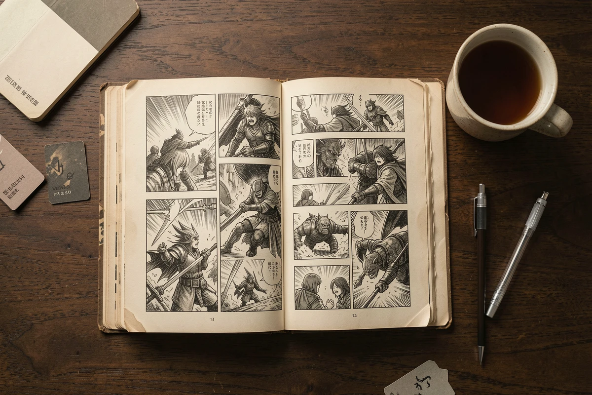 Volume de manga ouvert sur un bureau en bois avec une scène de combat fantasy en noir et blanc, ambiance lecture cosy