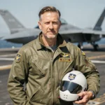 Pilote de chasse en blouson de vol G-1 sur le pont d'un porte-avions, évoquant l'univers de Top Gun 3