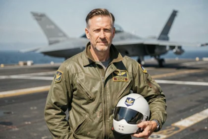 Pilote de chasse en blouson de vol G-1 sur le pont d'un porte-avions, évoquant l'univers de Top Gun 3