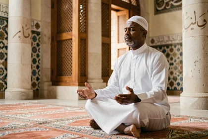 Homme en djellaba blanche en prière sur un tapis dans une mosquée de Lyon pendant le Ramadan