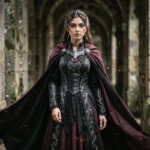 Jeune femme en costume fantastique sombre avec cape noire et broderies argentées dans un couloir de pierre médiéval