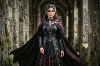 Jeune femme en costume fantastique sombre avec cape noire et broderies argentées dans un couloir de pierre médiéval